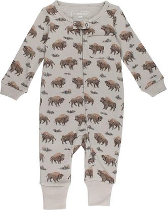 LOvedbaby Print Organic Cotton Zip Romper in Bison at Nordstrom, Size 12-18M