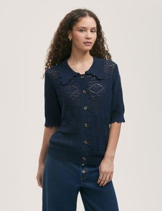 Finery Marlowe Short Sleeve Crochet Cardigan in Navy at Nordstrom, Size 14