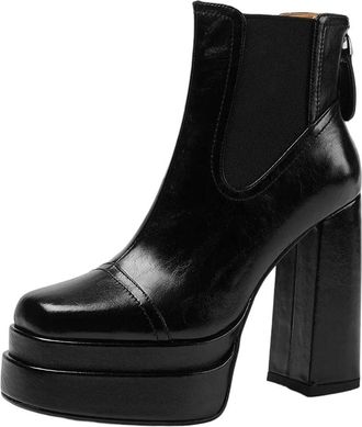 Generic Womens Genuine Leather Ankle Boots Back Zip Platform Thick High Heels Party Dress Shoes