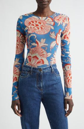 Etro Paisley Print Mesh Top in Print On Pale Blue Base at Nordstrom, Size 8 Us