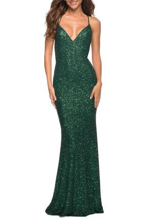La Femme Luxurious Soft Sequin Dress with V Neckline in Emerald at Nordstrom, Size 12