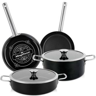 Magefesa Magefesa - Ares Bater&iacute;a Cocina Inducci&oacute;n 6 Piezas, Antiadherente Libre Pfoa Exterior Negro Mate Retro Vintage Negro