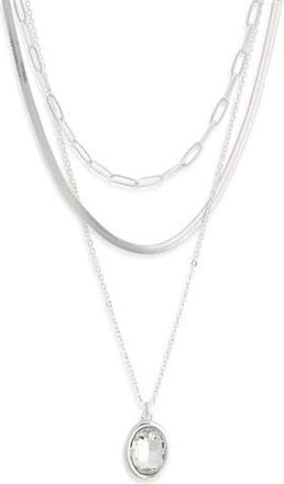 Nordstrom Rack Oval Crystal Pendant Triple Row Necklace in Clear- Silver at Nordstrom Rack