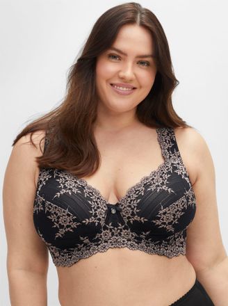 Sheego B&uuml;gel-BH SHEEGO, Damen, Gr. 11,5, Cup G, schwarz (schwarz, taupe), 95% Baumwolle, 5% Elasthan, Spitze:12% Elasthan, 88% Polyamid, BHs B&uuml;gel-BH