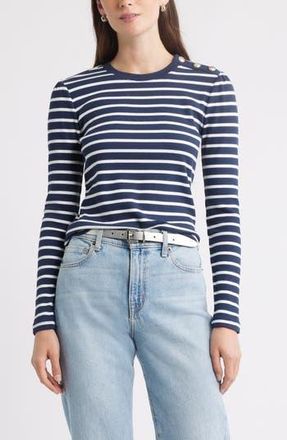 Caslon Stripe Button Shoulder Long Sleeve Rib T-Shirt in Navy- White Josephine Stripe at Nordstrom Rack, Size Xx-Large