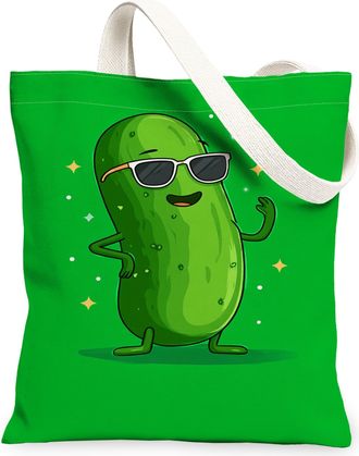 Generic Funny Pickle Canvas Tote Bags, Cute Vegetable Pattern Reusable Grocery Bags, Summer Playful Lightweight Washable Shoulder S, Green, 13x15 Inch