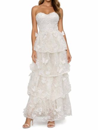 Dress The Population 3D Butterfly Strapless Tiered Gown In White