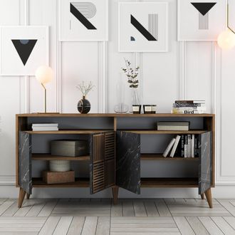 Dmora Aparador Thuile, Comoda 2 Estantes, 4 Puertas, 6 Espacios, 160x35x78h Cm M&aacute;rmol Negro