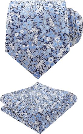 Alizeal Mens Light Colored Floral Necktie and Pocket Square Small Flower Colorful Wedding Party Tie Set, Navy+Blue+White