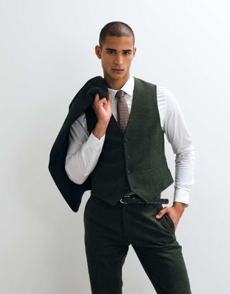 Asos Gilet da abito slim in lana con motivo a spina di pesce verde scuro