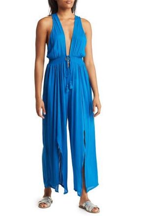 Boho Me Ruffle Tie Neck Cover-Up Jumpsuit in Lapis Blue at Nordstrom Rack, Size X-Small