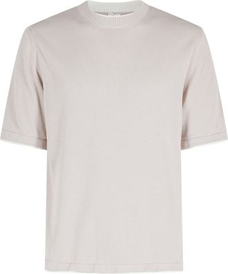 Eleventy Beige White Round-Neck Half-Sleeve Cotton Knit T-Shirt