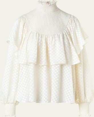 Akris Diamond Dot Devore Flounce Blouse