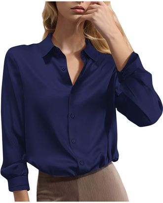 Generic Satin Blouses for Women UK Elegant Long Sleeve Shirt Plus Size Smrat Casual Tops Button Down Lapel V Neck Blouse Ladies Office Work Tops Basic Solid S