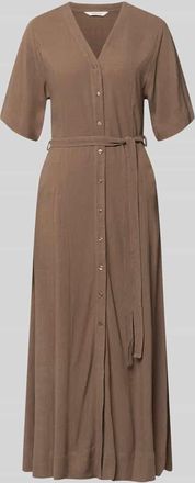 Selected Regular Fit Leinenkleid mit V-Ausschnitt Modell VIVA in Taupe, Gr&ouml;&szlig;e 34