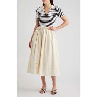 ZOE AND CLAIRE Hybrid Stripe Pointelle Rib & Woven Dress in Cream at Nordstrom, Size X-Large