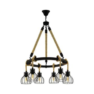 Loops Hanging Ceiling Pendant Light Black & Rope 6x E27 Hallway Feature Chandelier