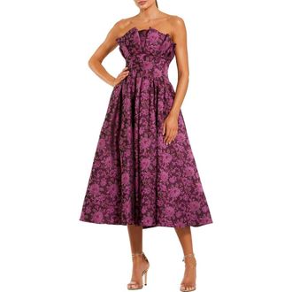 Mac Duggal Strapless Floral Brocade A-line Midi Dress in Magenta Multi at Nordstrom, Size 14