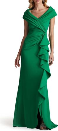 Tadashi Shoji Cascade Ruffle Portrait Neck Gown in Green Leaf at Nordstrom, Size X-Small