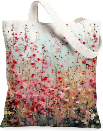 Generic Floral Canvas Tote Bags, Artistic Flower Print Reusable Grocery Bags, Vintage Lightweight Washable Shoulder Strap Tote for, White, 13x15 Inch