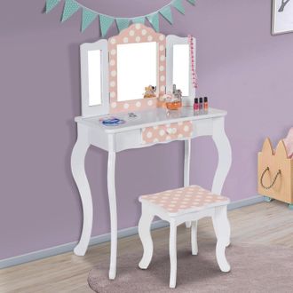 IDMarket Tocador Infantil Roza Blanco Y Rosa Con 3 Espejos Y Taburete