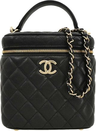 Chanel Cc Top Handle Vanity Case With Chain Quilted Caviar Black Leather Handbag (Pre-Owned)