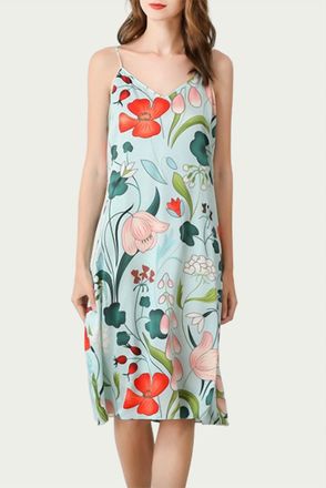 Fangy&aacute;n Mulberry Floral-Print Silk Midi Slip Dress In Sky Blue
