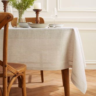 Solino Home Linen Tablecloth for Dining Table, Holiday and Everyday Dining Table Decor - Narrow Stripe in Natural And White at Nordstrom, Size X-Small