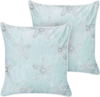 Beliani Beliani - Conjunto De 2 Cojines Terciopelo 45 X 45 Cm Cuadrados Marino Relleno Poli&eacute;ster Estrella De Mar Azul Ceramium