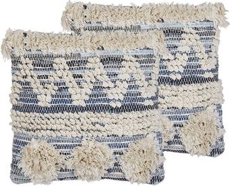 Beliani Conjunto De 2 Cojines De Algod&oacute;n Beige Azul Patr&oacute;n Geom&eacute;trico 45 X 45 Cm Hecho A Mano Con Relleno Boho Eytelia