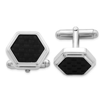 Diamond2Deal Sterling Silver Rhodium-plated Hexagon Black Carbon Fiber Cufflinks