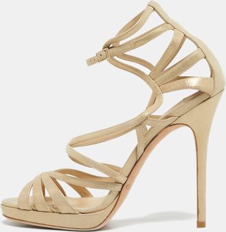 Jimmy Choo London Light Gold Laminated Suede Strappy Sandals