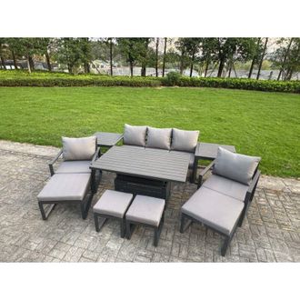 Fimous Fimous Aluminium Garden Furniture Sets 9 Seater Outdoor Sofa Set with Adjustable Rising Lifting Dining Table 2 Chairs 4 Footstools 2 Side Tables