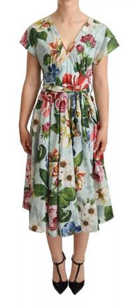 Dolce & Gabbana Womens Floral Print Tie Waist Dress - Light Blue Cotton - Size EU 46 (Womens)