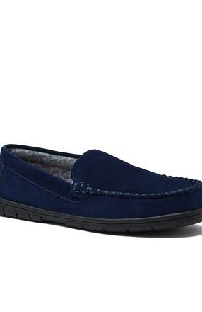 Lands End Flannel Lined Suede Slip On Moccasin Slippers in Radiant Navy Suede at Nordstrom, Size 10