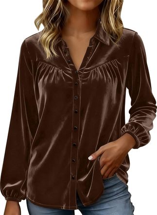 Generic Velvet Tops for Women UK Long Sleeve Button Down Shirts and Blouses Elegant Smart Ladies Velvet Shirt Spring Clothes (S,Brown)