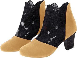 Generic Womens Lace Ankle Boots - Block Heel Ankle Booties with Floral Embroidery and Leopard Pattern, Breathable Mesh High Heel Shoes with Side Zip for Forma