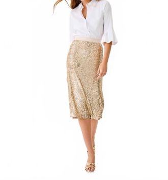 Lilly Pulitzer Kendrick Midi Skirt In Gold Metallic Treasure Box Sequin Knit