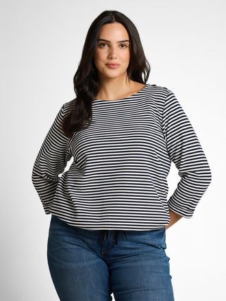 Tom Tailor T-Shirt TOM TAILOR PLUS, Damen, Gr. 44, sanftes wei&szlig; navy regular stripe, Single Jersey, Obermaterial: 75% Baumwolle, 20% Polyester, 5% Elasthan, gest