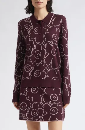 Marimekko Unikko Wool Blend Polo Sweater in Wine Red Light Pink at Nordstrom, Size Xx-Large