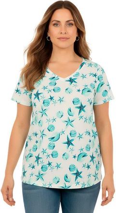 Roaman's Plus Size Cotton Ultimate V Neck Tee in Deep Turquoise Sea Shells at Nordstrom, Size Small