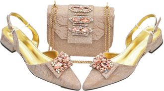 Generic Womens Shoe and Bag Set Sparkly Rhinestone Large Crystal Decoration Pointed Toe Low Heels Sandals Matching Handbag Champagne