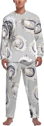 Generic Coastal Watercolor Oyster Mens Pyjama Sets Long Sleeve Sleepwear Crew Neck Loungewear Silky Nightwear