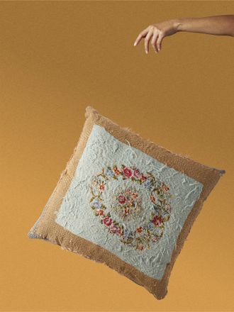 By Walid 1930s Needlepoint Wool, Linen and Damask Cushion (27.5in/70cm)