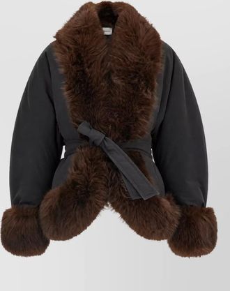Andamane belted faux fur trim shawl collar jacket