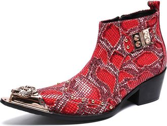 Generic Mens Chelsea Boot Dress Casual Party Western Boot Metal Tip Toe Genuine Leather Zipper Buckle Red Ankle Boots Fashion Cowboy Disco Singer Ballroom Wed