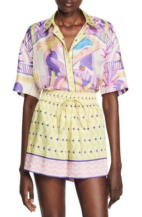 Sandro Caroline Silk Button-Up Shirt in Yellow /Purple at Nordstrom, Size 0