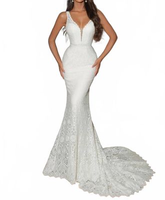 Jessica McClintock Mermaid Deep V-Neck Gown In Ivory