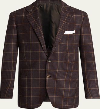 Kiton Mens Cashmere Windowpane Check Single-Breasted Sport Coat