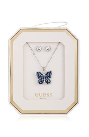 Guess Butterfly Pendant Necklace & Stud Earrings Set in Silver/blue at Nordstrom Rack